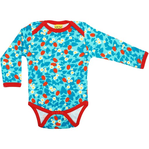 DUNS Sweden strawberry print on blue organic long sleeve bodysuit (86cm 12-18m)