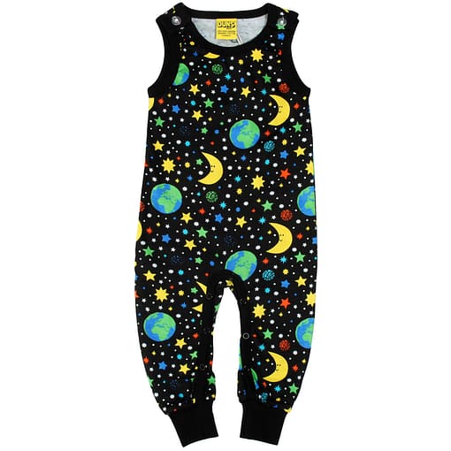 DUNS Sweden mother earth print dungarees on black organic cotton