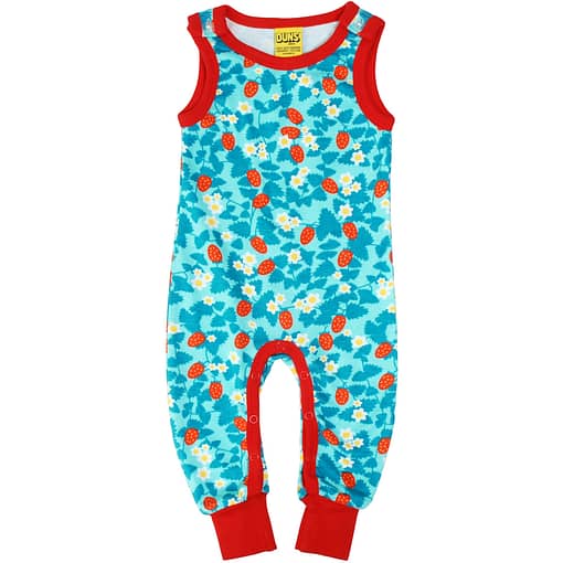 DUNS Sweden strawberry print dungarees on blue organic cotton