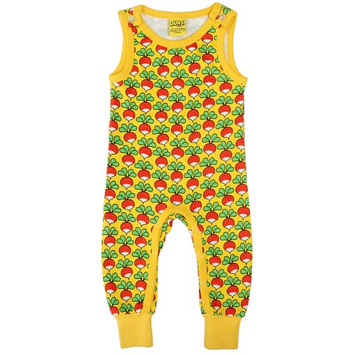 DUNS Sweden radish print on yellow organic cotton dungarees (62cm 2-4 months)