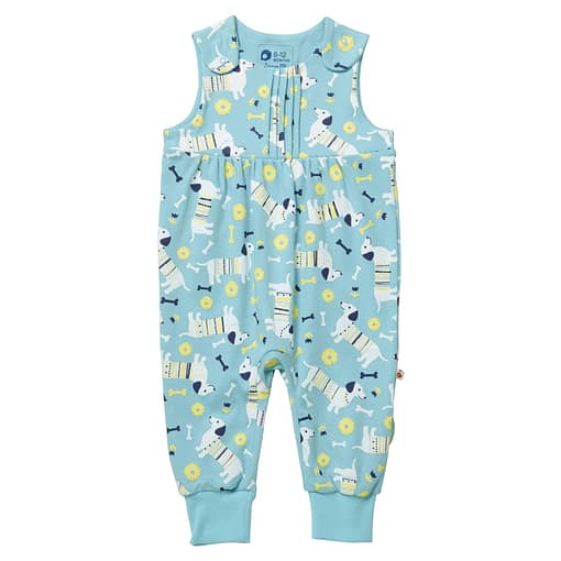 Sausage dog dungarees by Piccalilly on blue organic cotton