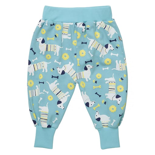 Sausage dog trousers by Piccalilly on blue organic cotton