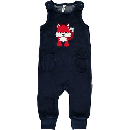 Fox on dungarees by Maxomorra in organic dark blue velour (74cm 6-9 months)