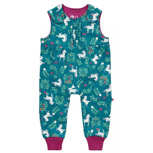 Unicorn dungarees by Piccalilly on teal organic cotton (68cm 4-6 months)