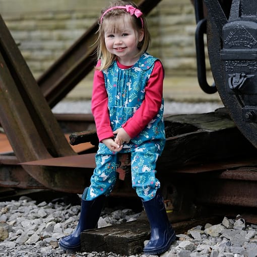 Unicorn dungarees by Piccalilly on teal organic cotton (68cm 4-6 months) - Image 2