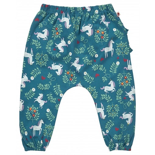 Unicorn ruffle back trousers by Piccalilly in organic cotton