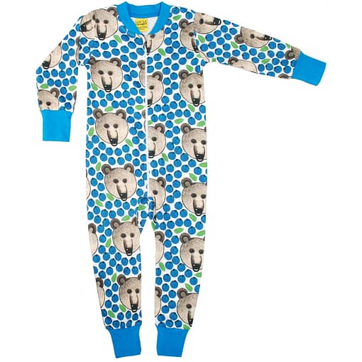 DUNS Sweden blue bear print organic cotton zipped onesie