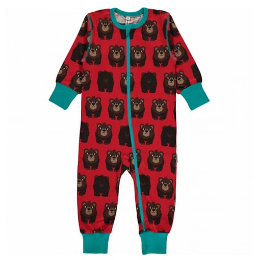 Bear print organic long sleeve zippered romper suit - Maxomorra 
