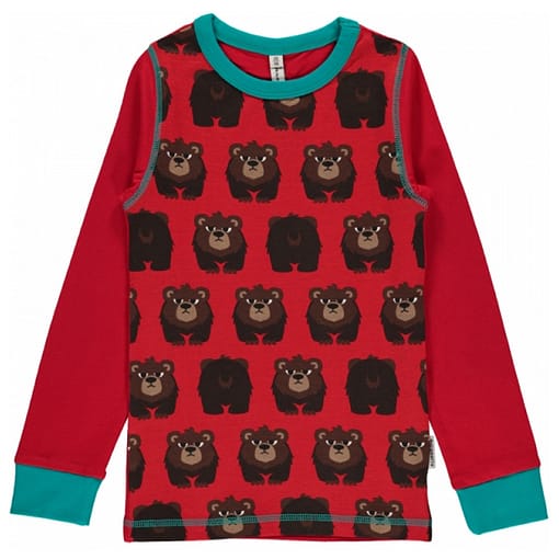 Bear all over print with red sleeves organic top by Maxomorra