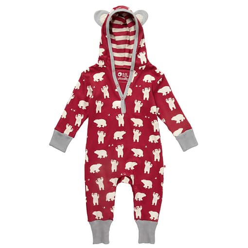 Polar bear hooded playsuit by Piccalilly in organic cotton