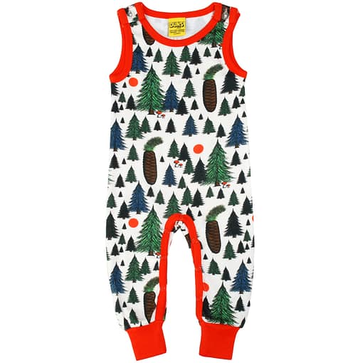 DUNS Sweden pine forest with dark orange trim organic cotton dungarees (4-6 months)