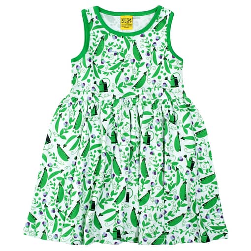 DUNS Sweden peas print on white organic sleeveless twirly dress (110cm Age 4-5)