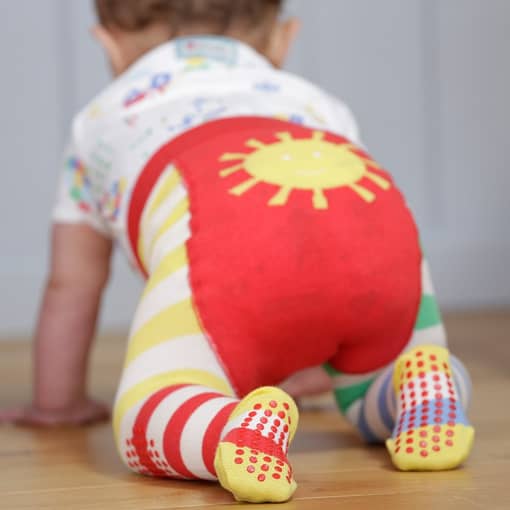 Piccalilly rainbow hotchpotch stripe baby crawler tights in organic cotton with sunshine bum