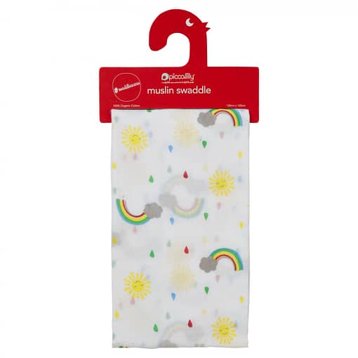 Whatever the weather rainbow organic muslin swaddle by Piccalilly