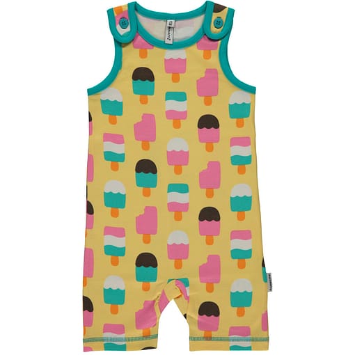 Maxomorra ice cream print on yellow short dungarees in organic cotton (86-92 18-24m)
