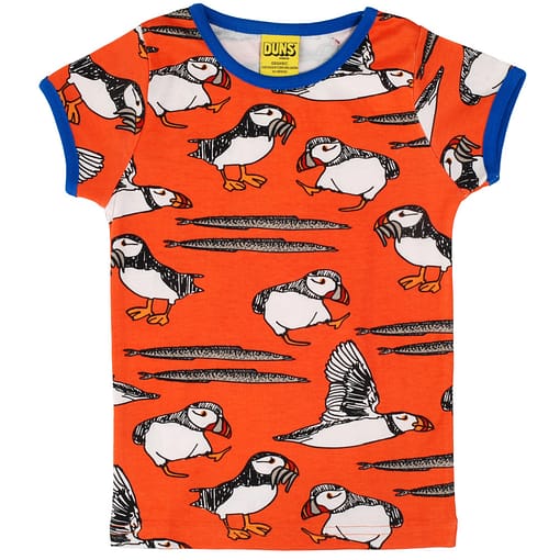 DUNS Sweden puffin print on 'watermelon red' organic cotton t-shirt