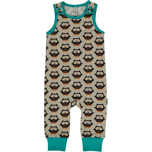 Owls print on brown organic cotton dungarees by Maxomorra (74-80cm 9-12m)