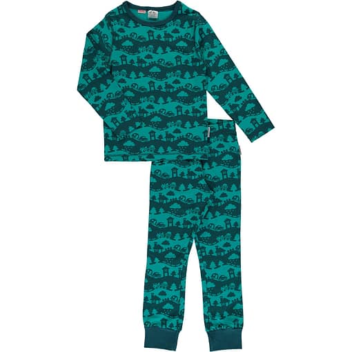 Maxomorra organic cotton pyjamas in turquoise landscape design