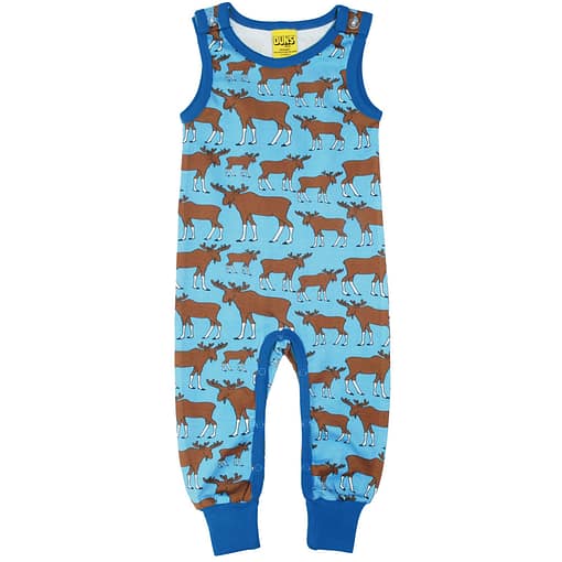 DUNS Sweden moose on blue organic cotton dungarees (80cm 9-12m)