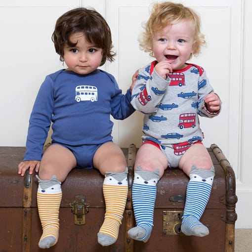 Little fox knee length socks in organic cotton by Kite - 2 pack blue | yellow - Image 2
