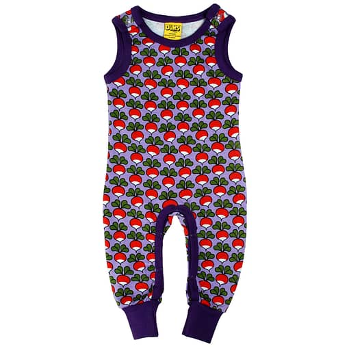 DUNS Sweden radish on purple organic cotton long dungarees (74cm 6-9 months)