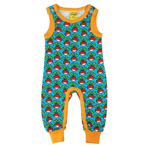 DUNS Sweden radish print on turquoise organic dungarees (68cm 4-6 months)