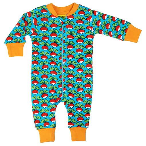 DUNS Sweden radishes print on turquoise organic cotton zipped onesie