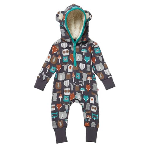 Forest friends hooded playsuit by Piccalilly in organic cotton (92cm 18-24m)