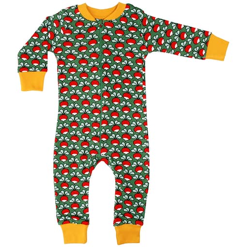 DUNS Sweden radishes on dark green organic cotton zipped sleepsuit (104cm Age 3-4)
