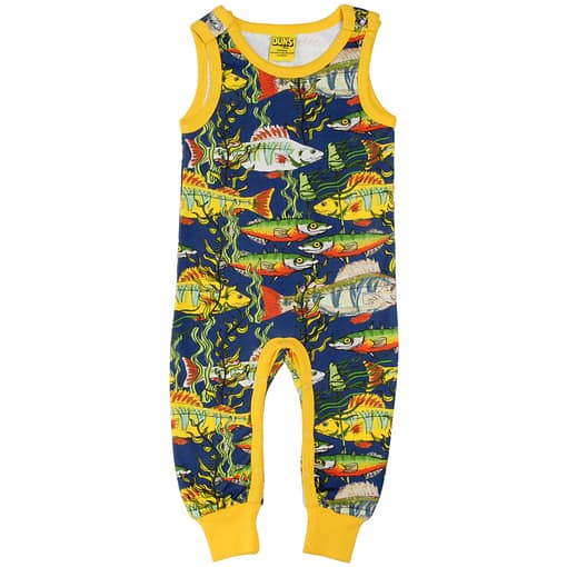 DUNS Sweden sea weed on navy organic cotton dungarees (86cm 12-18m)