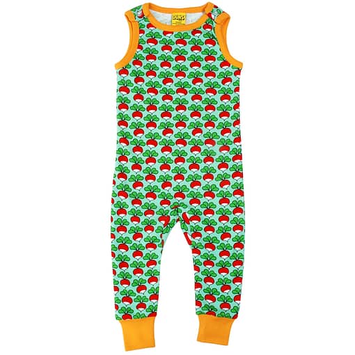 DUNS Sweden radish on mint green spring organic cotton dungarees