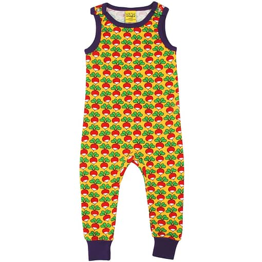 DUNS Sweden radish on yellow organic cotton dungarees