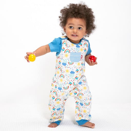 Sky high print dungarees with pocket in cream organic cotton by Kite - Image 2