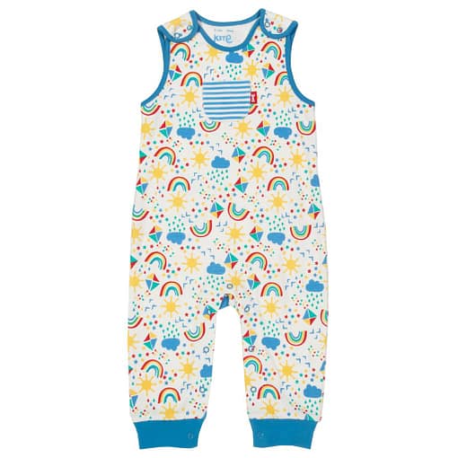 Sky high print dungarees with pocket in cream organic cotton by Kite