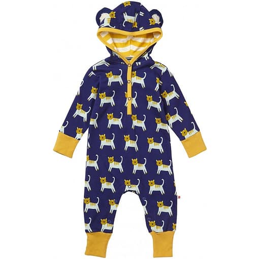 Hello Tiger hooded playsuit by Piccalilly in organic cotton 