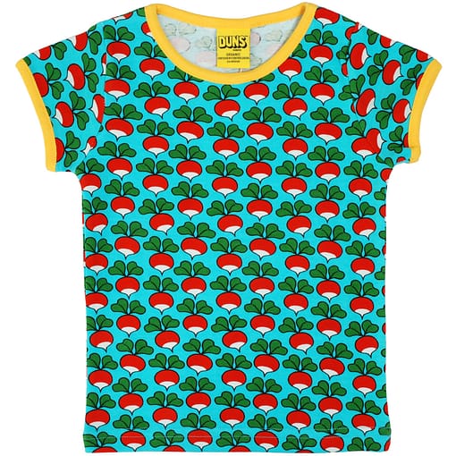 DUNS Sweden radish print on turquoise organic cotton t-shirt (116cm Age 5-6)