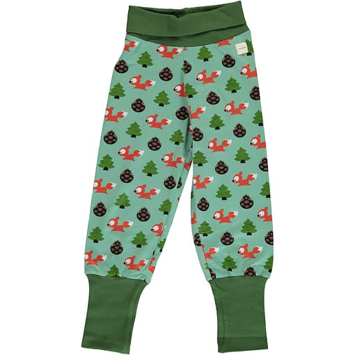 Busy squirrel on green organic cotton rib trousers ~ Maxomorra