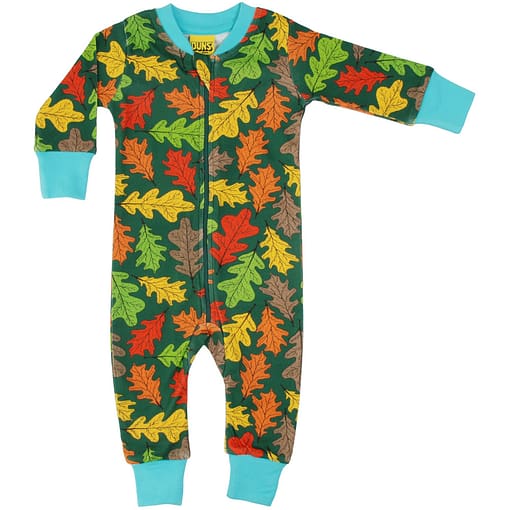 DUNS Sweden oak leaf print organic cotton zipped onesie