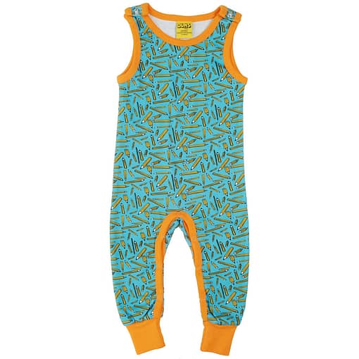 DUNS Sweden pencils print on turquoise organic cotton dungarees
