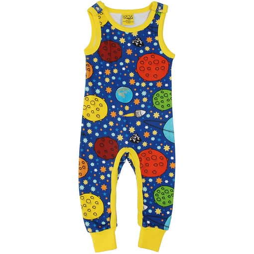 DUNS Sweden Lost in Space print on navy organic cotton dungarees