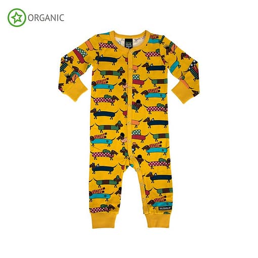 Villervalla organic cotton romper dachshund print on mustard