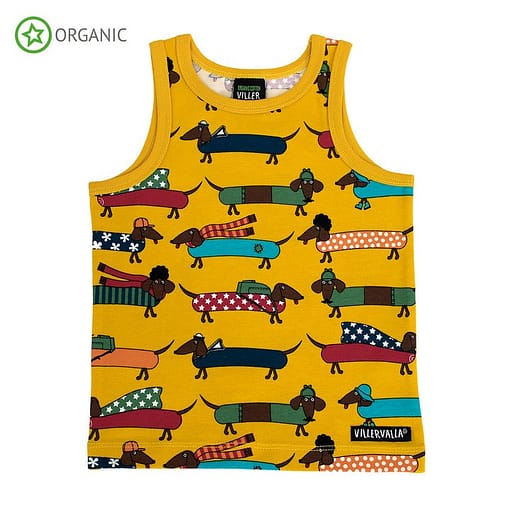 Villervalla organic cotton vest dachshund print on mustard