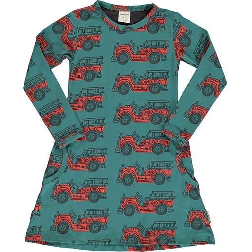 Vintage fire engine organic long sleeve cotton dress ~ Maxomorra (98-104cm 3-4 years)