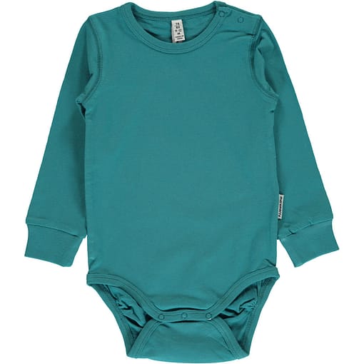 Soft petrol solid colour long sleeve organic baby vest by Maxomorra