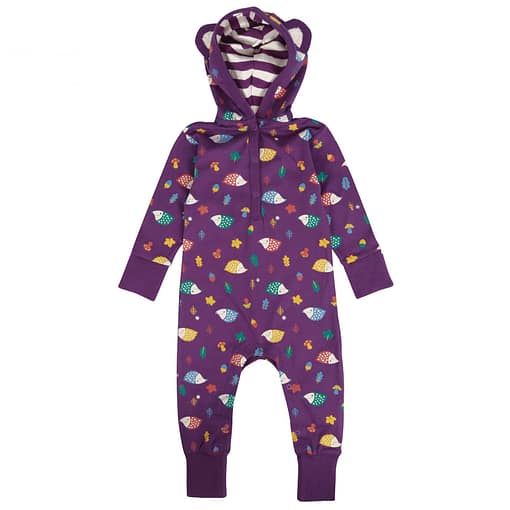 Hedgehog hooded playsuit by Piccalilly in organic cotton