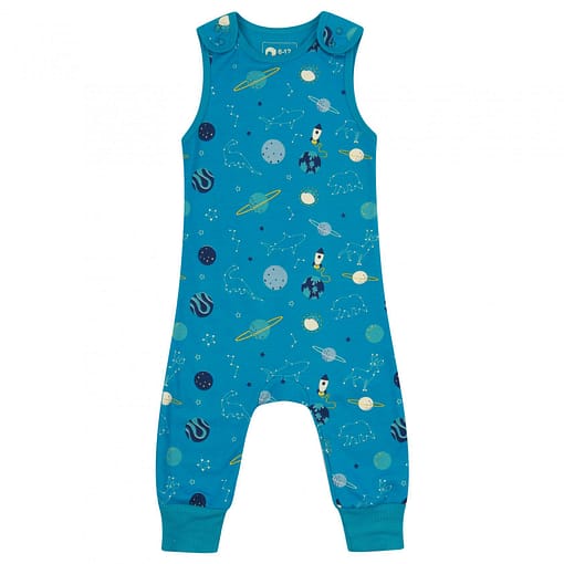 Space dungarees by Piccalilly in organic cotton
