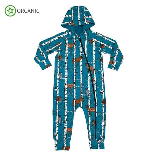 Villervalla organic hooded onesie birch wood animals print on atlantic blue