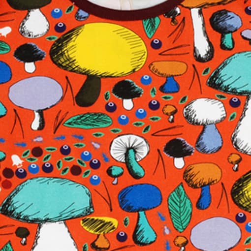 DUNS Sweden organic cotton ladies top in Mushroom forest print on dark orange