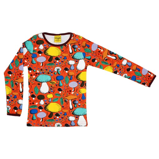 DUNS Sweden mushroom forest on dark orange organic cotton top