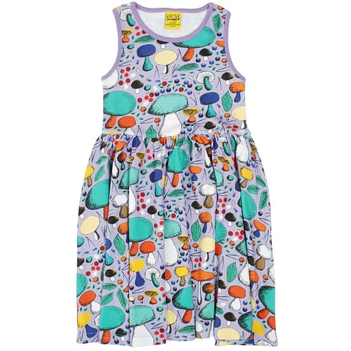DUNS Sweden Mushroom forest on violet organic cotton sleeveless twirly dress